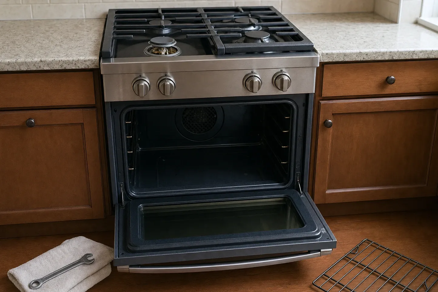 Open oven cavity of a stainless range with the round convection fan cover on the rear wall, one burner cap lifted